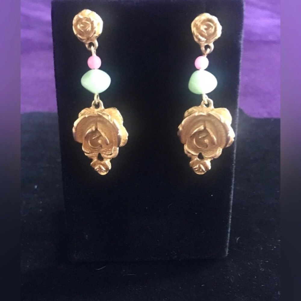 Vintage Gold Rose Drop Earrings with Pink and Mint Beads
